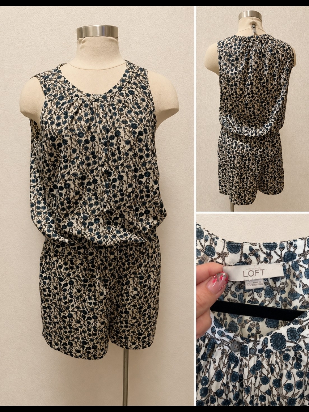 LOFT Sleeveless Floral Romper in Blue and Cream